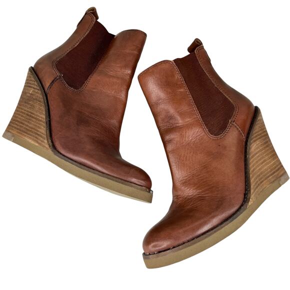 Lucky Brand Fedora Brown Leather Wedge Ankle Boots Booties 6.5 - Picture 5 of 11